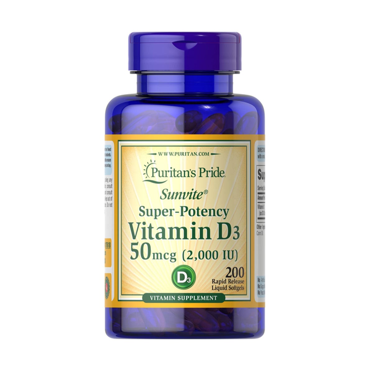 Вітамін Д3 Puritan's Pride Vitamin D3, 50 мкг (2000 МО), 200 капсул